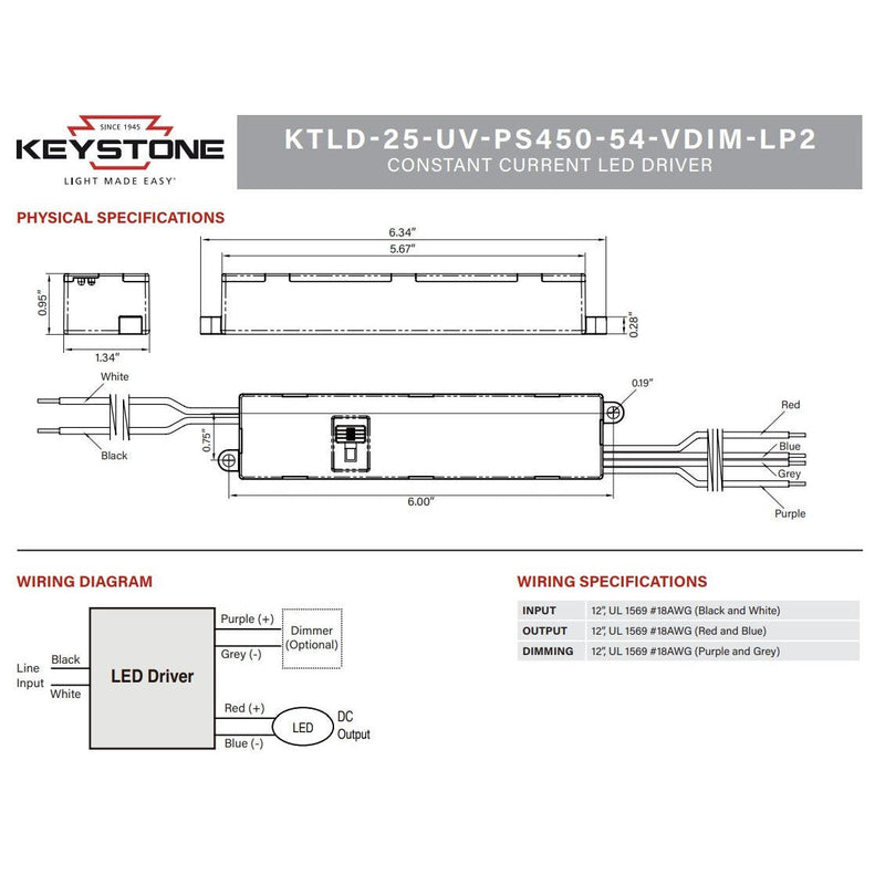 Keystone KTLD-25-UV-PS450-54-VDIM-LP2 Power Select 25W LED Driver - 300-450mA, 120/277V-LeanLight