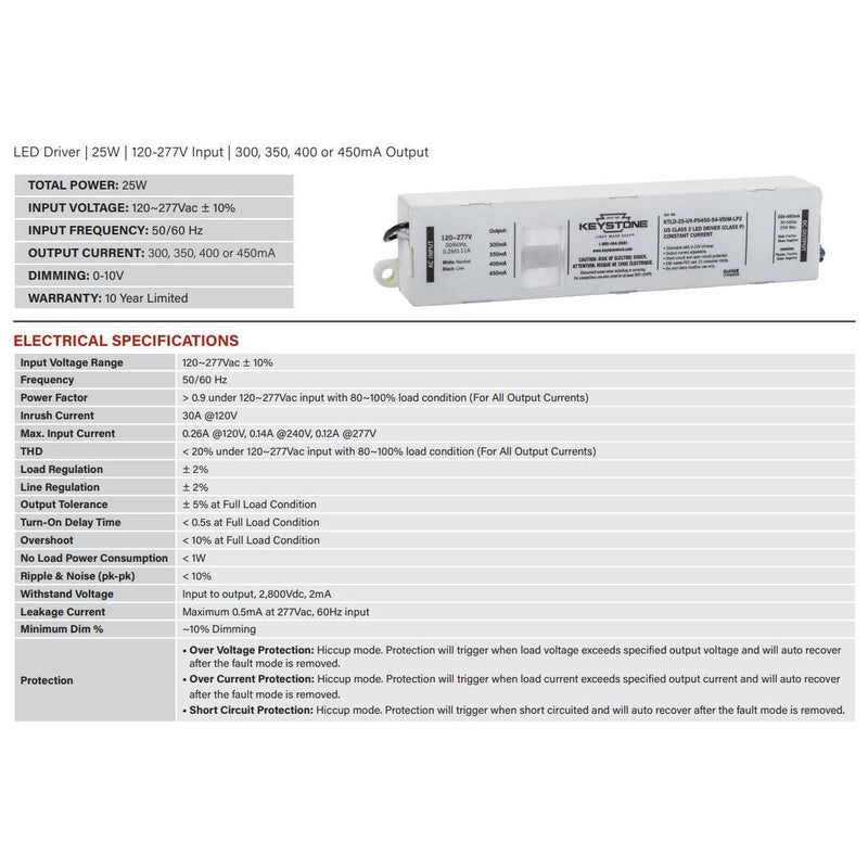 Keystone KTLD-25-UV-PS450-54-VDIM-LP2 Power Select 25W LED Driver - 300-450mA, 120/277V-LeanLight