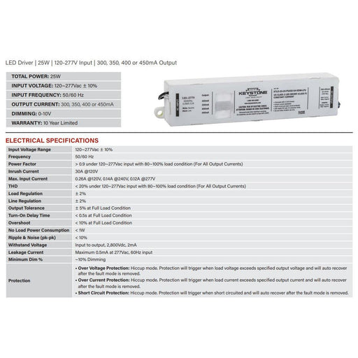 Keystone KTLD-25-UV-PS450-54-VDIM-LP2 Power Select 25W LED Driver - 300-450mA, 120/277V-LeanLight