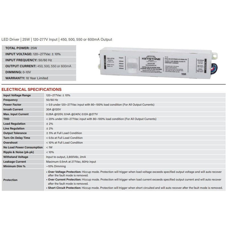 Keystone KTLD-25-UV-PS600-42-VDIM-LP2 Power Select 25W LED Driver - 450-600mA, 120/277V-LeanLight