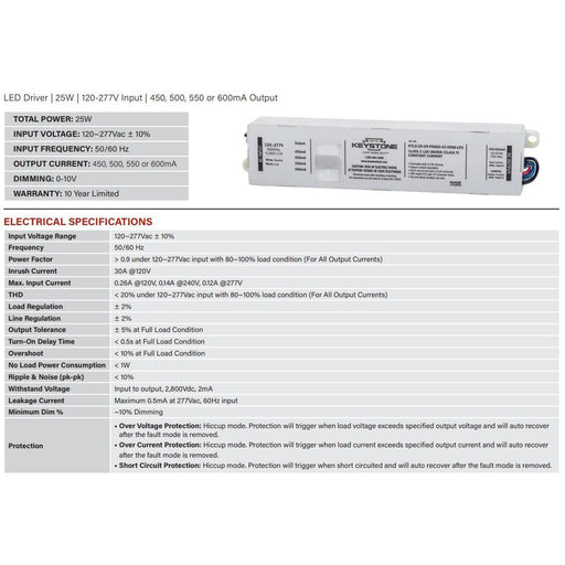 Keystone KTLD-25-UV-PS600-42-VDIM-LP2 Power Select 25W LED Driver - 450-600mA, 120/277V-LeanLight