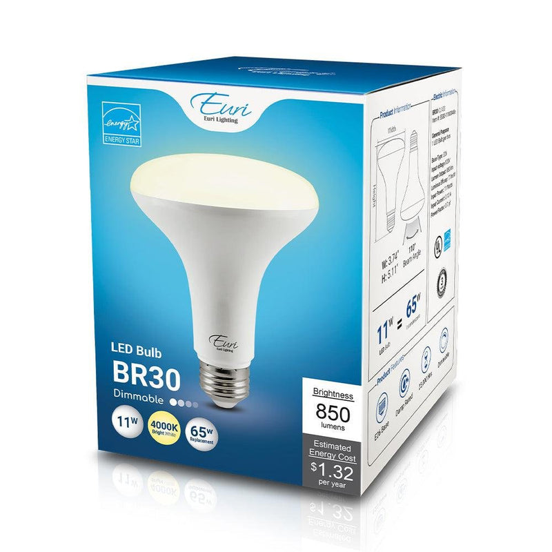 Euri Lighting EB30-11W3040e Dimmable LED BR30 Flood Lamp - 4000K, 11W=65W, 120V-LeanLight