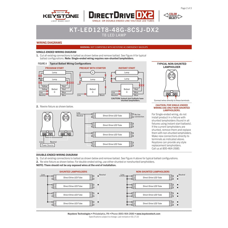 Keystone KT-LED12T8-48G-8CSJ-DX2 (25 Pack) Color Select Ballast Bypass LED Tubes - 12W, 120/277V, 4'-LeanLight
