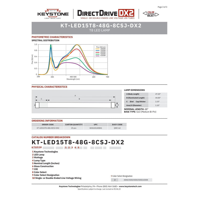 Keystone KT-LED15T8-48G-8CSJ-DX2 (25 Pack) Color Select T8 LED Tubes - 15W, 120/277V, 4'-LeanLight