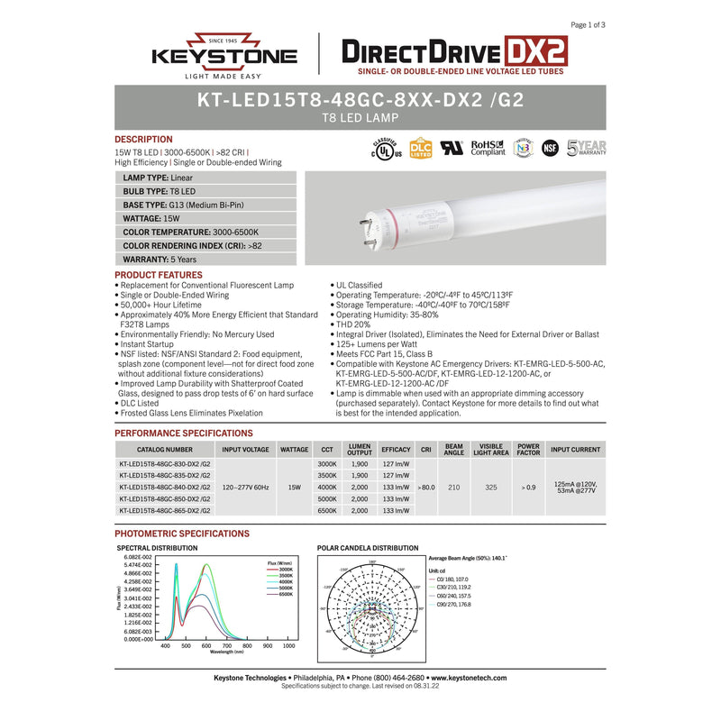 Keystone KT-LED15T8-48GC-850-DX2 (25 Pack) Ballast Bypass LED Tubes - 5000K, 15W, 120/277V, 4'-LeanLight