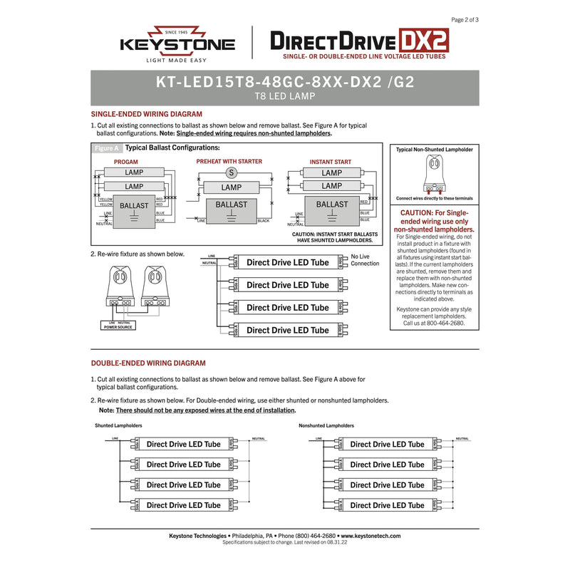 Keystone KT-LED15T8-48GC-850-DX2 (25 Pack) Ballast Bypass LED Tubes - 5000K, 15W, 120/277V, 4'-LeanLight
