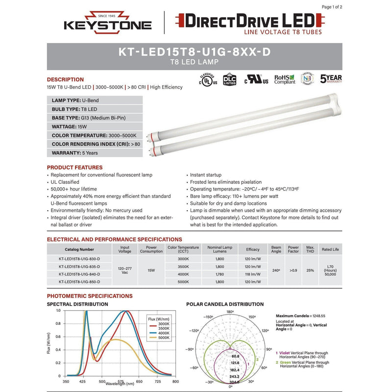 Keystone KT-LED15T8-U1G-850-D (12 Pack) Direct Drive U-Bend LED Tubes - 5000K, 15W, 120/277V, 4'-LeanLight