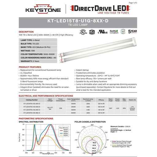 Keystone KT-LED15T8-U1G-850-D (12 Pack) Direct Drive U-Bend LED Tubes - 5000K, 15W, 120/277V, 4'-LeanLight