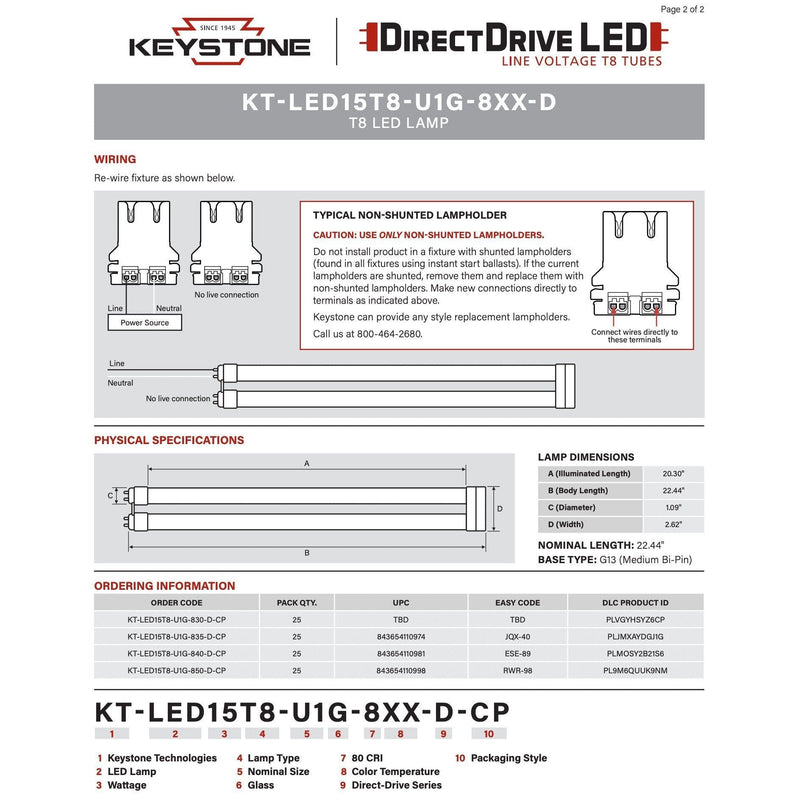 Keystone KT-LED15T8-U1G-850-D (12 Pack) Direct Drive U-Bend LED Tubes - 5000K, 15W, 120/277V, 4'-LeanLight