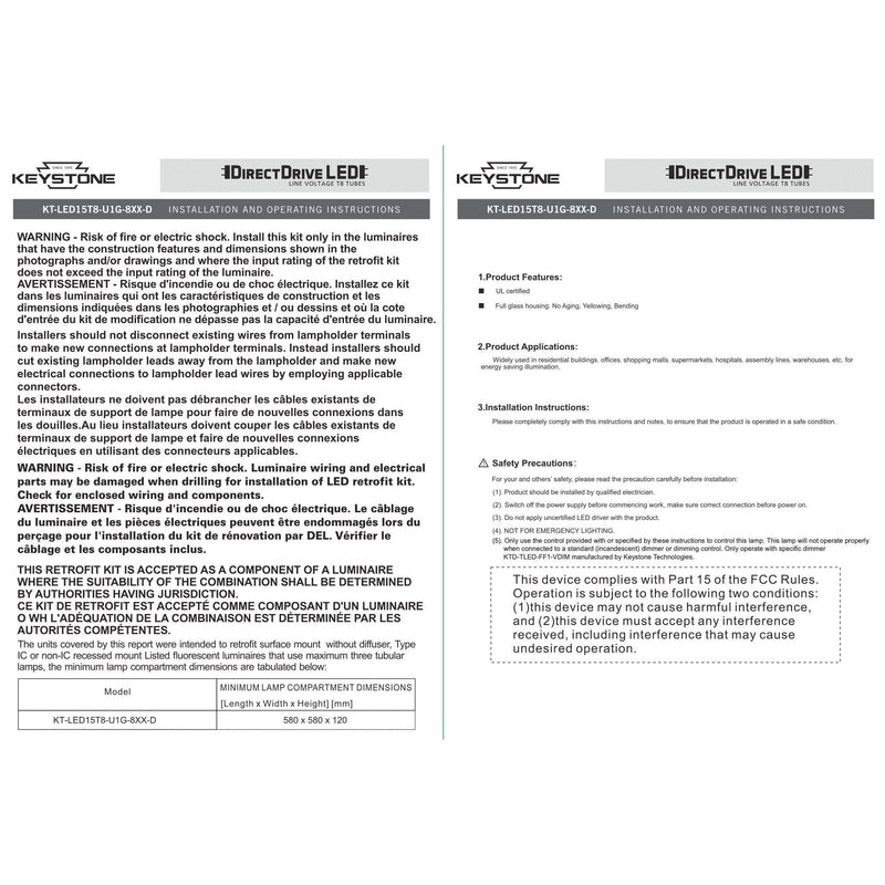 Keystone KT-LED15T8-U1G-850-D (12 Pack) Direct Drive U-Bend LED Tubes - 5000K, 15W, 120/277V, 4'-LeanLight