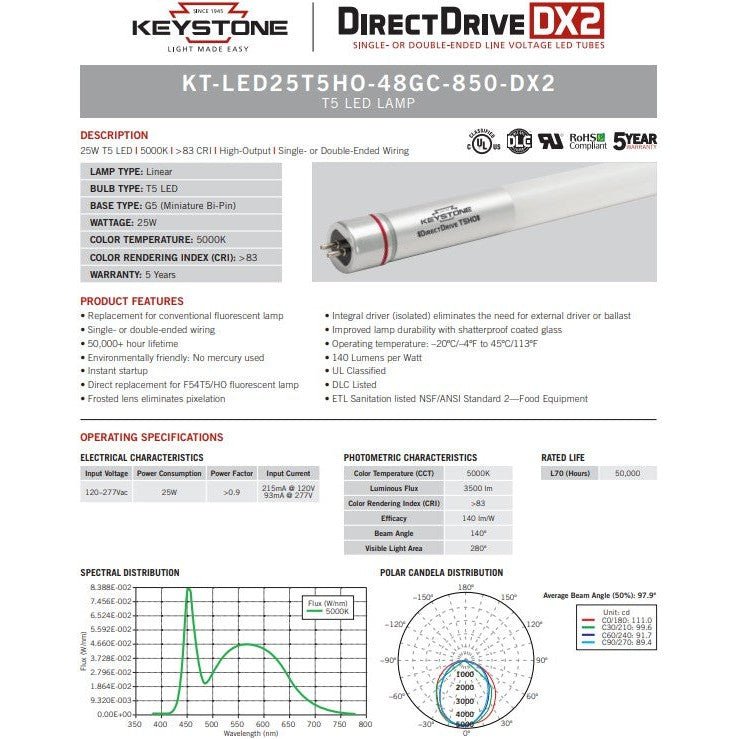 Keystone KT-LED25T5HO-48GC-850-DX2 (25 Pack) Ballast Bypass T5 LED Tubes - 5000K, 25W, 120/277V, 4'-LeanLight