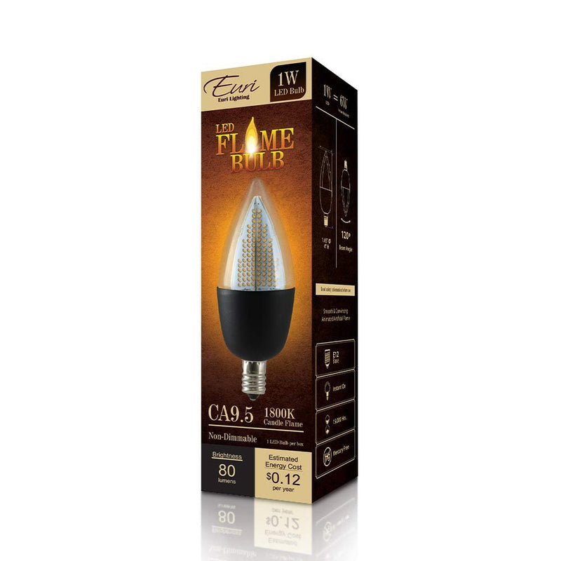 Euri Lighting ECA9.5-2120fcb Flickering Flame Candelabra Bulb with Black E12 Base -1800K 1W=6W-LeanLight