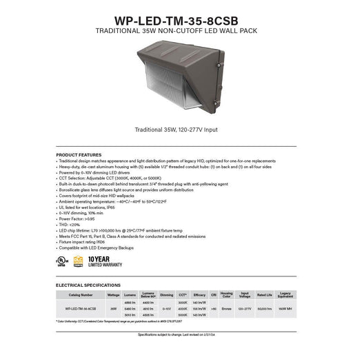 LeanLight 35 Watt Non-Cutoff LED Wall Pack - Color Select, 150W equal, 120/277V-LeanLight