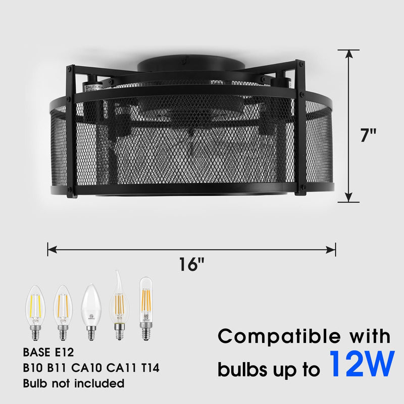 Energetic 16 inch Caged Ceiling fan with Remote - Black, 6 Speed, Bladeless-LeanLight