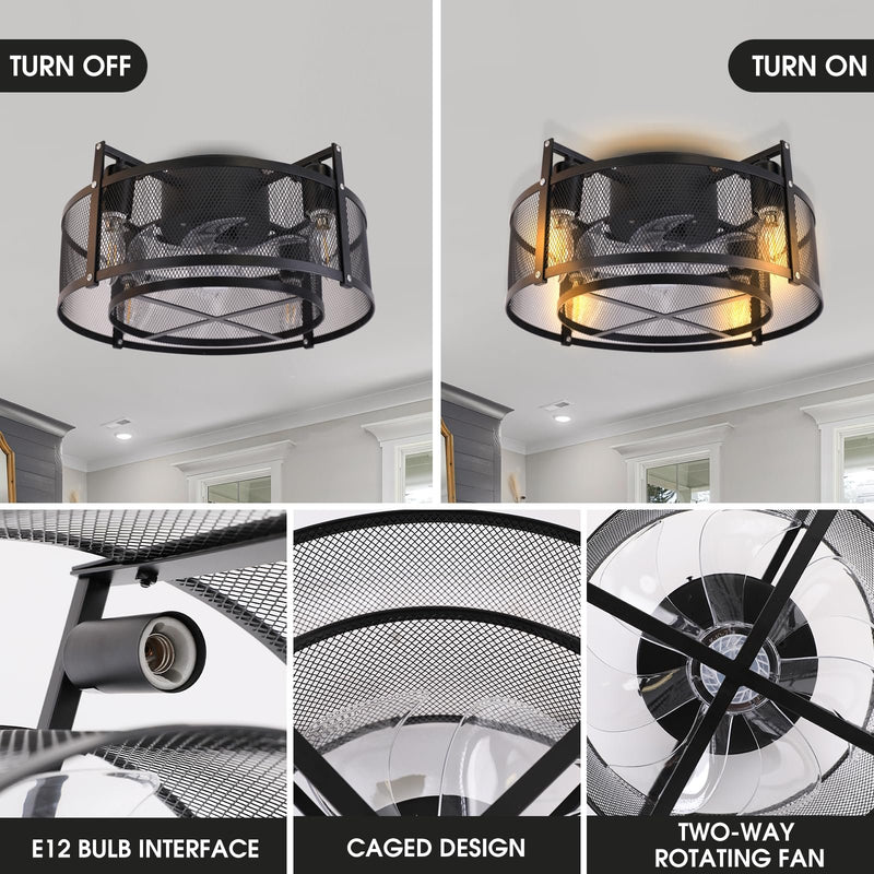 Energetic 16 inch Caged Ceiling fan with Remote - Black, 6 Speed, Bladeless-LeanLight