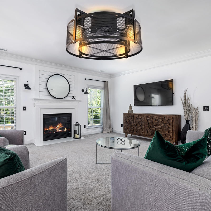 Energetic 16 inch Caged Ceiling fan with Remote - Black, 6 Speed, Bladeless-LeanLight