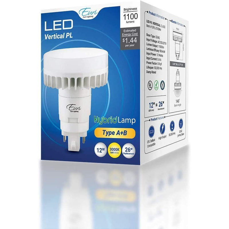 Euri Lighting EPL-2100Hv Hybrid (A+B) LED Horizontal PL Lamp - 3000K, G24Q, 12W=26W, 120/277V-LeanLight