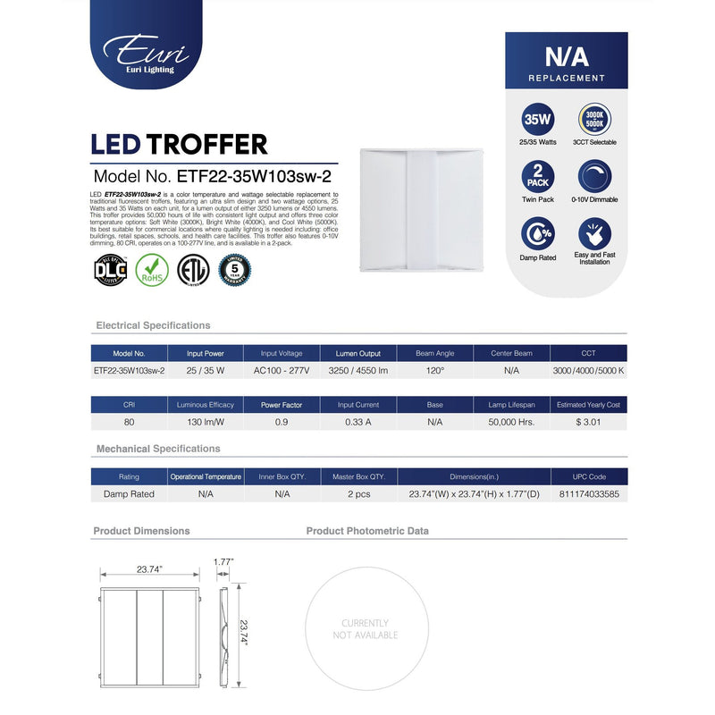 Euri Lighting ETF22-35W103sw-2 (2 Pack) 2x2 Color and Wattage Select Center Basket LED Troffer-LeanLight