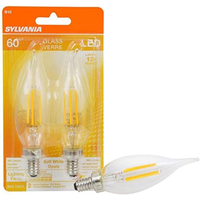 SYLVANIA B10 LED Light Bulb, 60W Equivalent Efficient 5W, 13 Year, Bent Tip, Candelabra Base, 500 Lumens, 2700K, Soft White, Clear - 2 Pack (79766)