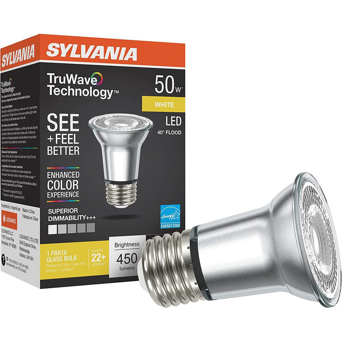 Sylvania LED TruWave Natural Series PAR16 Light Bulb, 50W Equivalent Efficient 6W, Medium Base, Dimmable, 3000K, White - 1 Pack (40930)