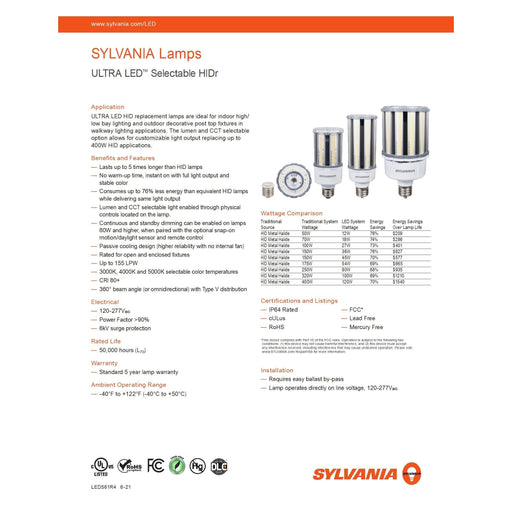 Sylvania LED120HIDR8SC2MOG Color and Lumen Select HID LED Light Bulb with Mogul Base - 41014 