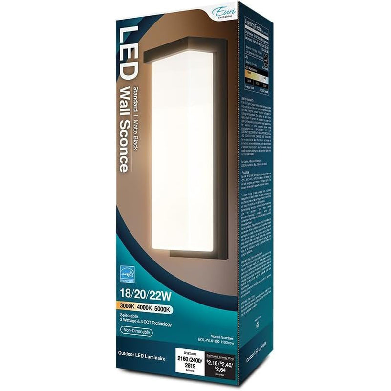 Euri Lighting EOL-WL61BK-1100esw, Outdoor LED Wall Light, Non-Dimmable, 3CCT Selectable (3K/4K/5K), 18/20/22W, 2160/2400/2619 lm, Matte Black, Wet Rated, Integrated LED Fixture (Pack of 1)-LeanLight