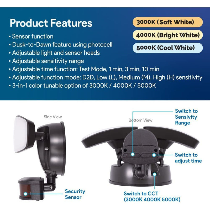 Euri Lighting ESFL-35W110, Integrated Outdoor CCT Tunable (3K/4K/5K) Security Light with Adjustable Motion Sensor, 35W, 3000LM, Wet Rated, ETL Certified, 3 Year, 50,000 Hour Warranty-LeanLight