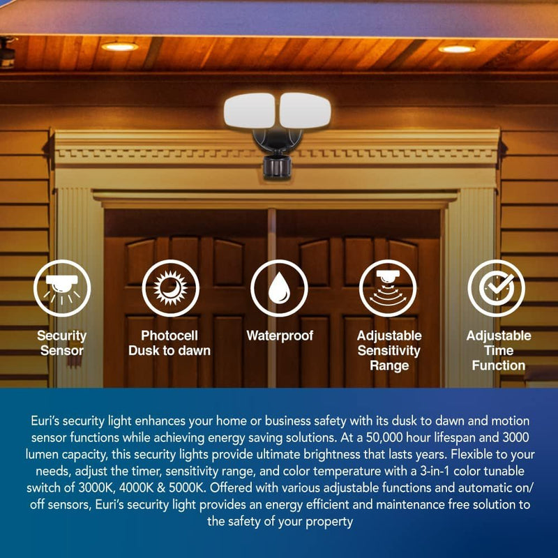Euri Lighting ESFL-35W110, Integrated Outdoor CCT Tunable (3K/4K/5K) Security Light with Adjustable Motion Sensor, 35W, 3000LM, Wet Rated, ETL Certified, 3 Year, 50,000 Hour Warranty-LeanLight