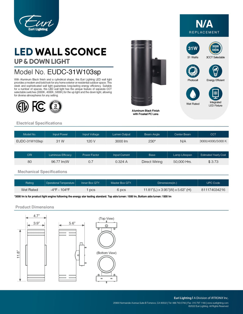 Euri Lighting EUDC-31W103sp Up/Down Cylinder LED Wall Light - 3000K-5000K, 31W, 120V-LeanLight