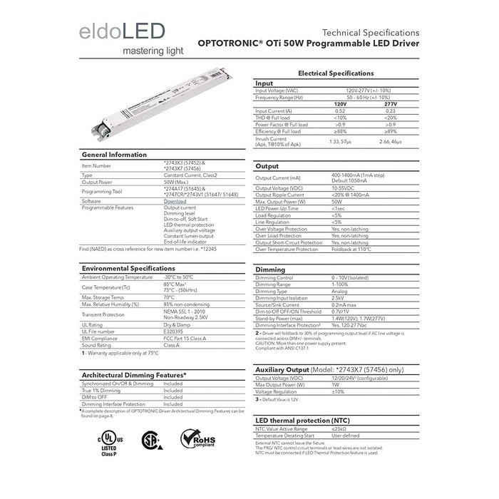 eldoLED OTi50/120-277/1A4 DIM-1 L G2 Dimmable Constant Current LED Driver - 50W,  0-10V, 120/277V, 2743X3 (57452) -  LeanLight