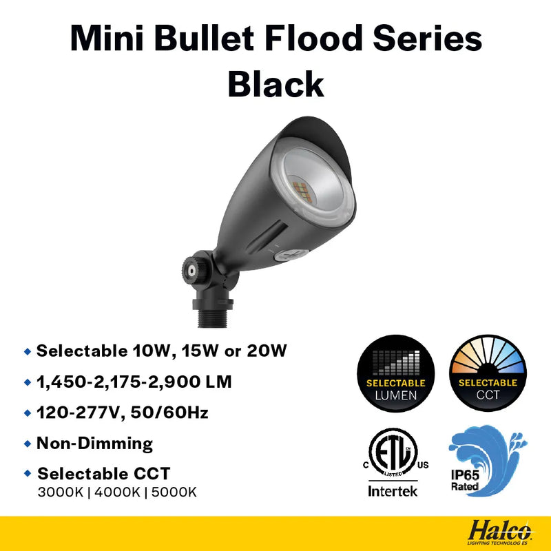 Halco MBUL-10-CS-U-BL (6 Pack) Black Mini Bullet LED Flood - 10W, 3CCT, 1100lm, 120-277V, 25592