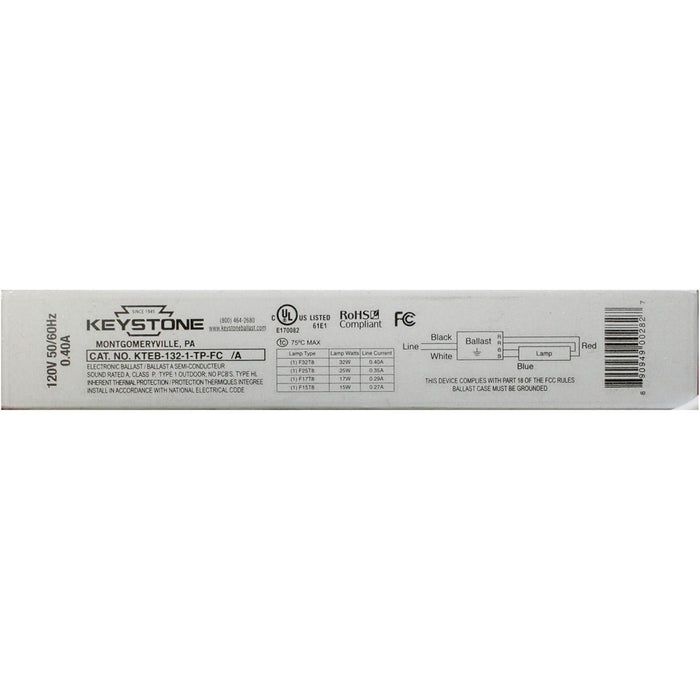 Keystone KTEB-132-1-TP-FC Fluorescent Ballast, 1-Lamp, F32T8, 32W T8, 120V-LeanLight