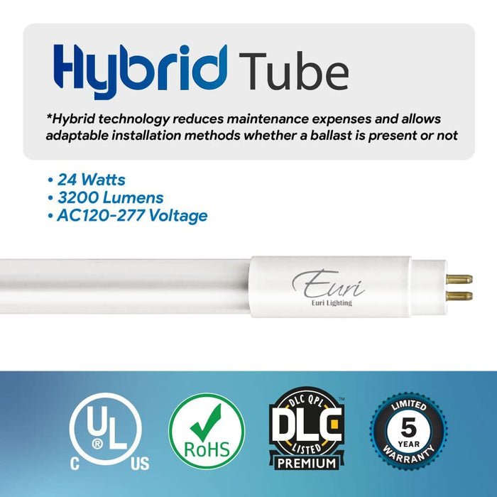 Euri Lighting ET5-24W305H, 4FT Hybrid T5 (Works with or Without Ballast) 24W, 3200lm, 5000K, AC120~277V, Double End Power, Shatterproof Glass, NSF, DLC5.1, 5YR, 50K HR WTY-LeanLight