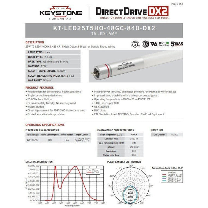 Keystone KT-LED25T5HO-48GC-840-DX2 (25 Pack) Ballast Bypass T5HO LED Tubes - 4000K, 25W, 120/277V, 4'-LeanLight