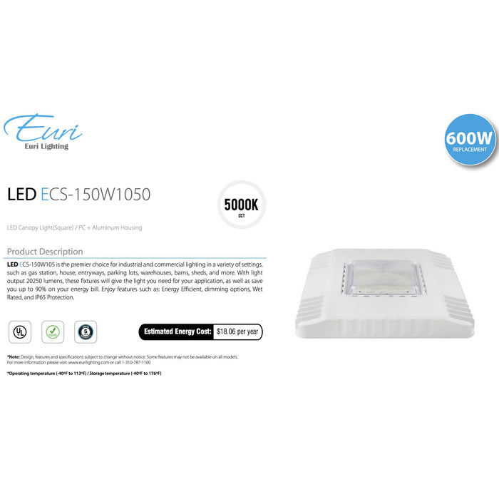 Euri Lighting ECS-150W1050 15" Square LED Canopy Light - 5000K, 150W=600W, 100-277V-LeanLight