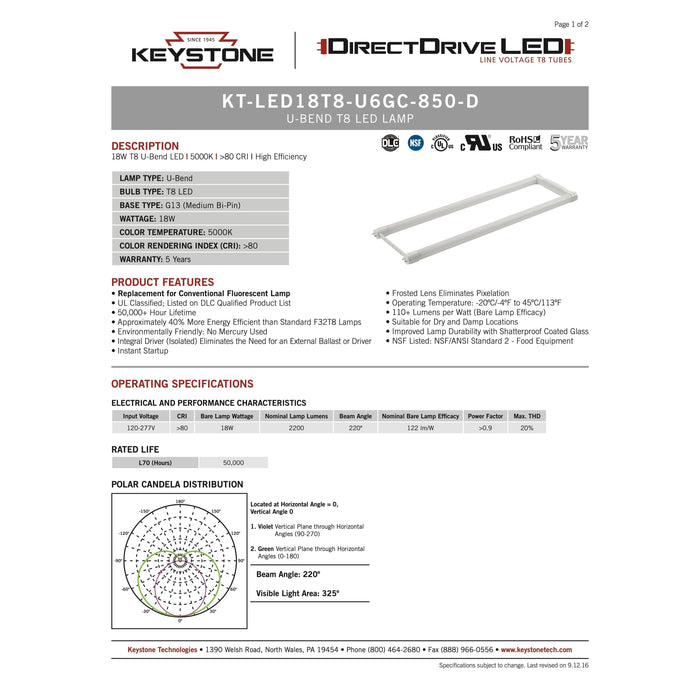 Keystone KT-LED18T8-U6GC-850-D Line Voltage T8 LED U-Bend Tubes- 5000K, 18W, 120/277V, 2'-LeanLight