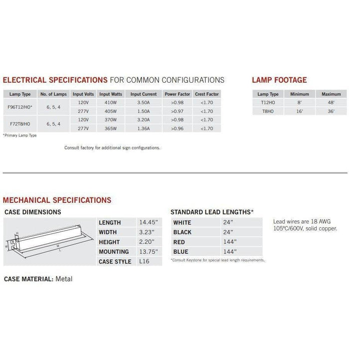 Keystone KTSB-E-8048-46-UV 4-6 Lamp T8HO/T12HO Sign Ballast 