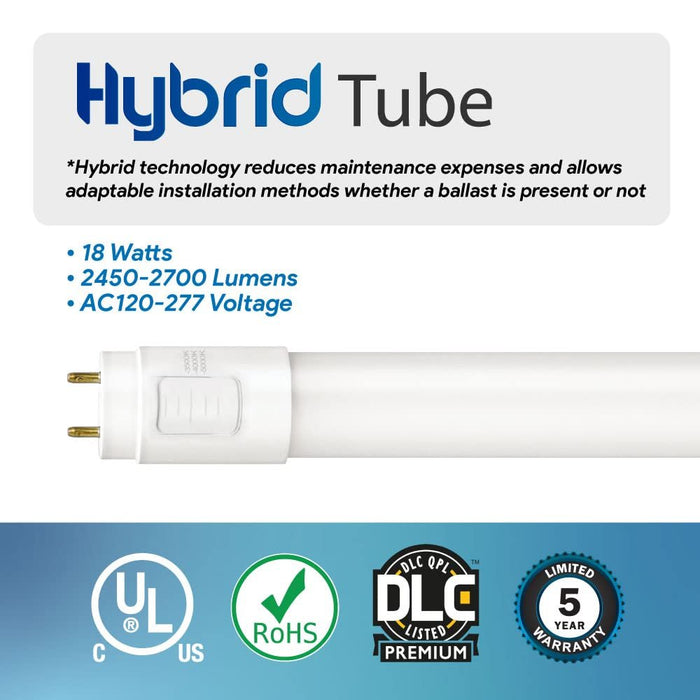 Euri Lighting ET8-18W50SH (20 Pack) 4FT CCT Tunable Hybrid T8 LED Tubes -3K/4K/5K, 18W, 120~277V-LeanLight