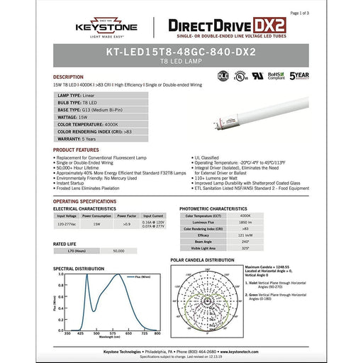 Keystone KT-LED15T8-48GC-840-DX2 (25 Pack) Ballast Bypass LED Tubes - 4000K, 15W, 120/277V, 4'-LeanLight