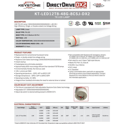 Keystone KT-LED12T8-48G-8CSJ-DX2 (25 Pack) Color Select Ballast Bypass LED Tubes - 12W, 120/277V, 4'-LeanLight