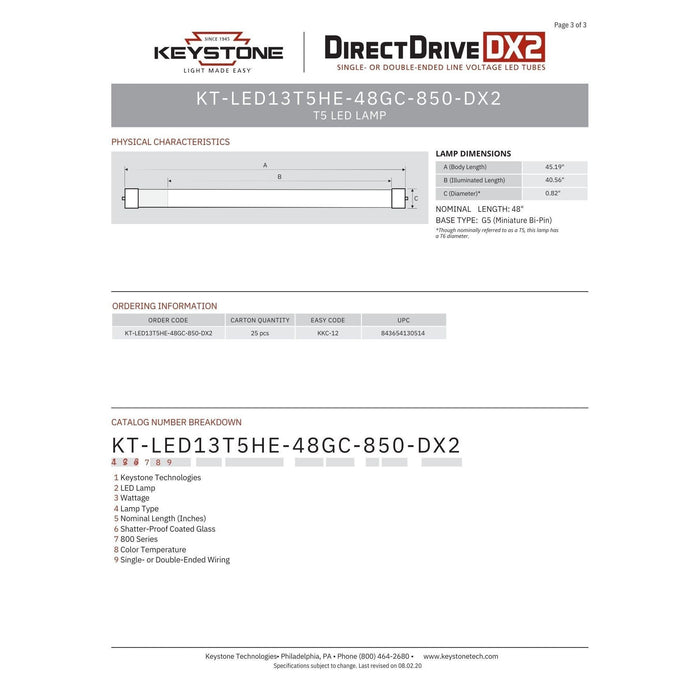 Keystone KT-LED13T5HE-48GC-850-DX2 (25 Pack) Line Voltage T5HE LED Tubes - 5000K, 15W, 120/277V, 4'-LeanLight