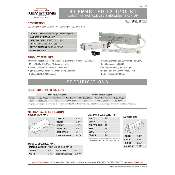 Keystone KT-EMRG-LED-12-1200-K1 LED Emergency Battery Backup 