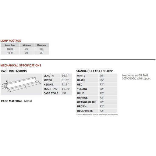 Keystone KTSB-E-2048-46-UV-S 4-6 Lamp T8HO/T12HO Rapid Start Sign Ballast - 120V-LeanLight