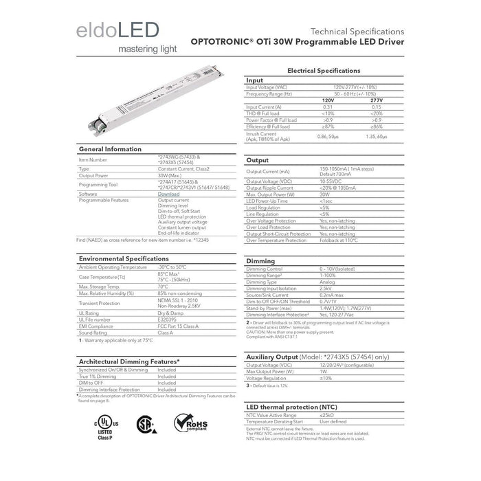 Pack of 10 - eldoLED 2743WG OPTOTRONIC 30W Constant Current 0-10V Dimmable LED Driver, Programmable Linear OTi 30/120-277/1A0 DIM-1 L G2 (Osram 57433)-LeanLight